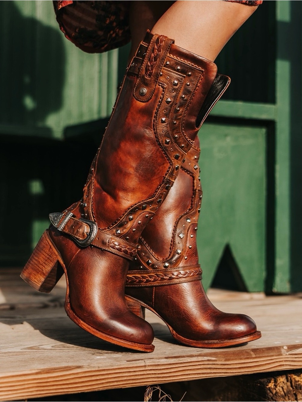 freebird Brown Studded Leather Mid-Calf Heeled Boot